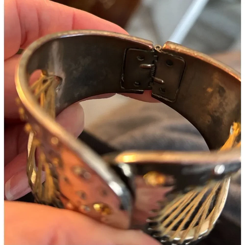 Artisan Hammered Boho Wide Cuff Silver Tone Rhinestone & Thread Bracelet